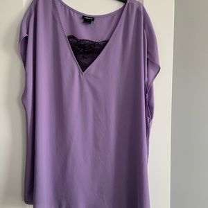 Purple shirt sleeve dress top with black lace accent